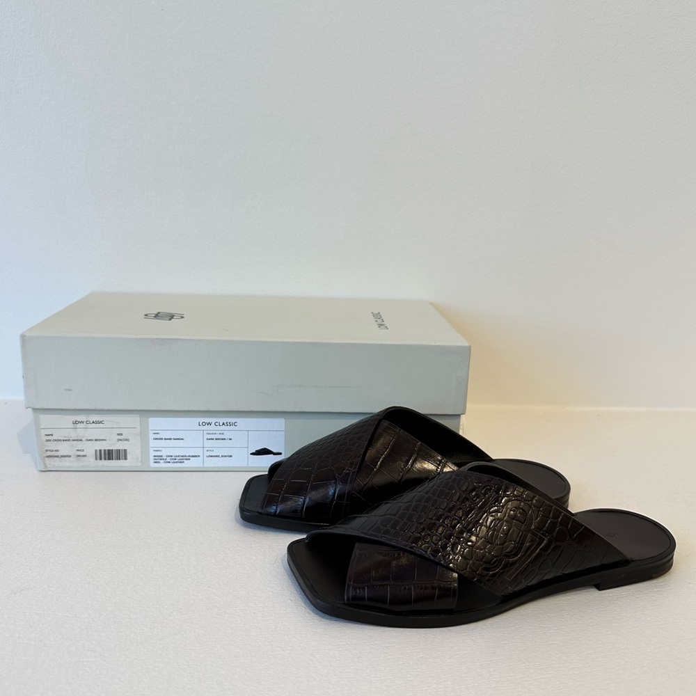 Crocodile embossed brown leather crossover sandals